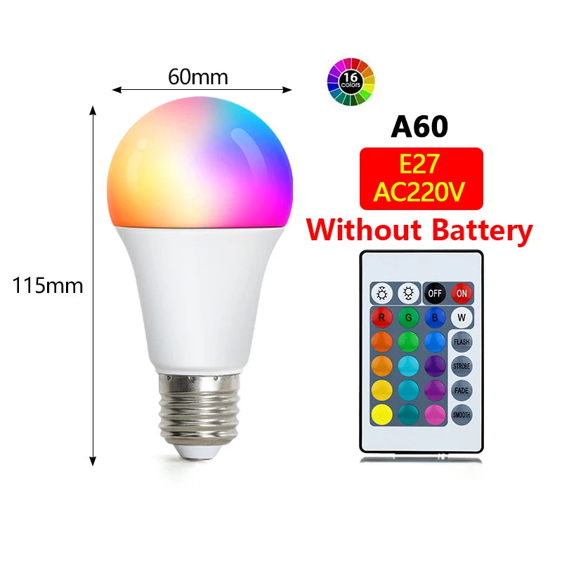 16-Color RGB LED Bulb E27 – Dimmable Multicolor 220V Household Lighting with 24-Key Remote & Neon Atmosphere Light
