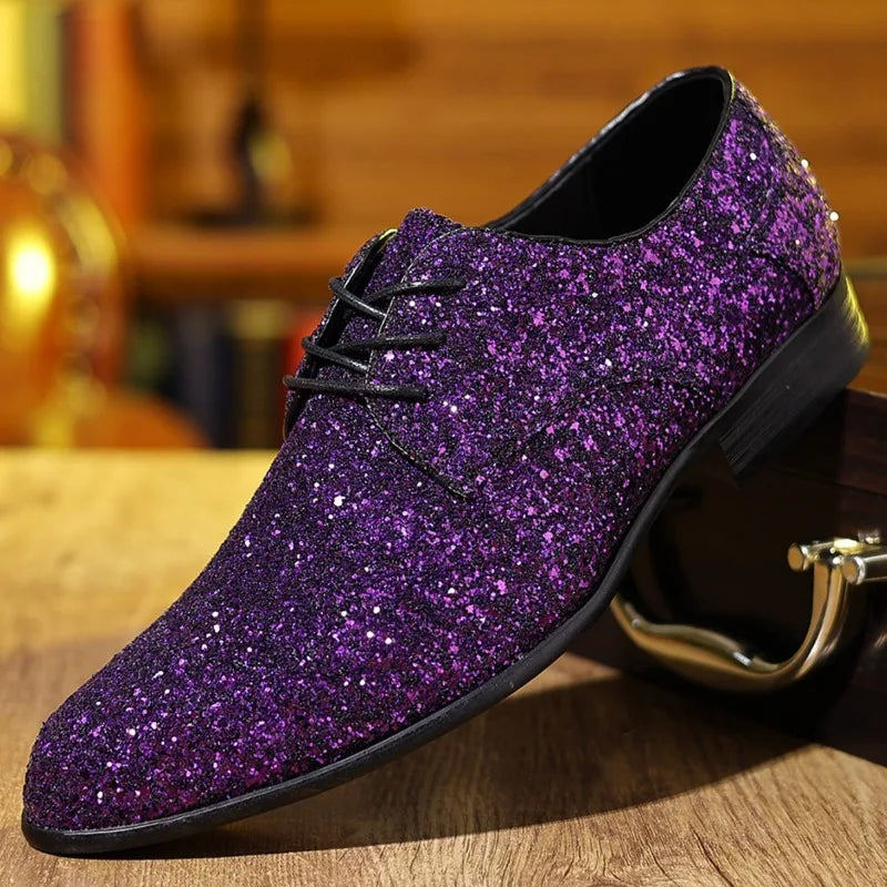 Men’s Luxury Sequin Oxford Dress Shoes - Gold & Silver Lace-Up Wedding Flats Large Size
