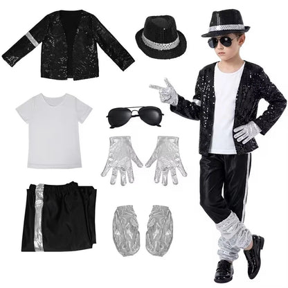 Michael Jackson Kids Costume - Pop Star Halloween Cosplay Dance Performance Outfit for Boys & Girls