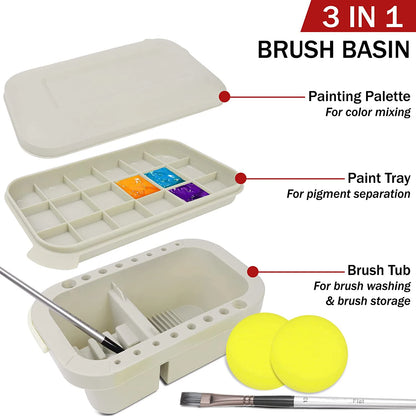 Multifunctional Paint Brush Cleaner: Basin Holder & Organizer with Tray Palette Lid - Includes 2 Art Sponges
