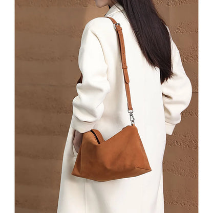 Simple Autumn Winter Grey & Brown Boston Tote — Soft Matte Suede Cow Leather Women's Shoulder Handbag