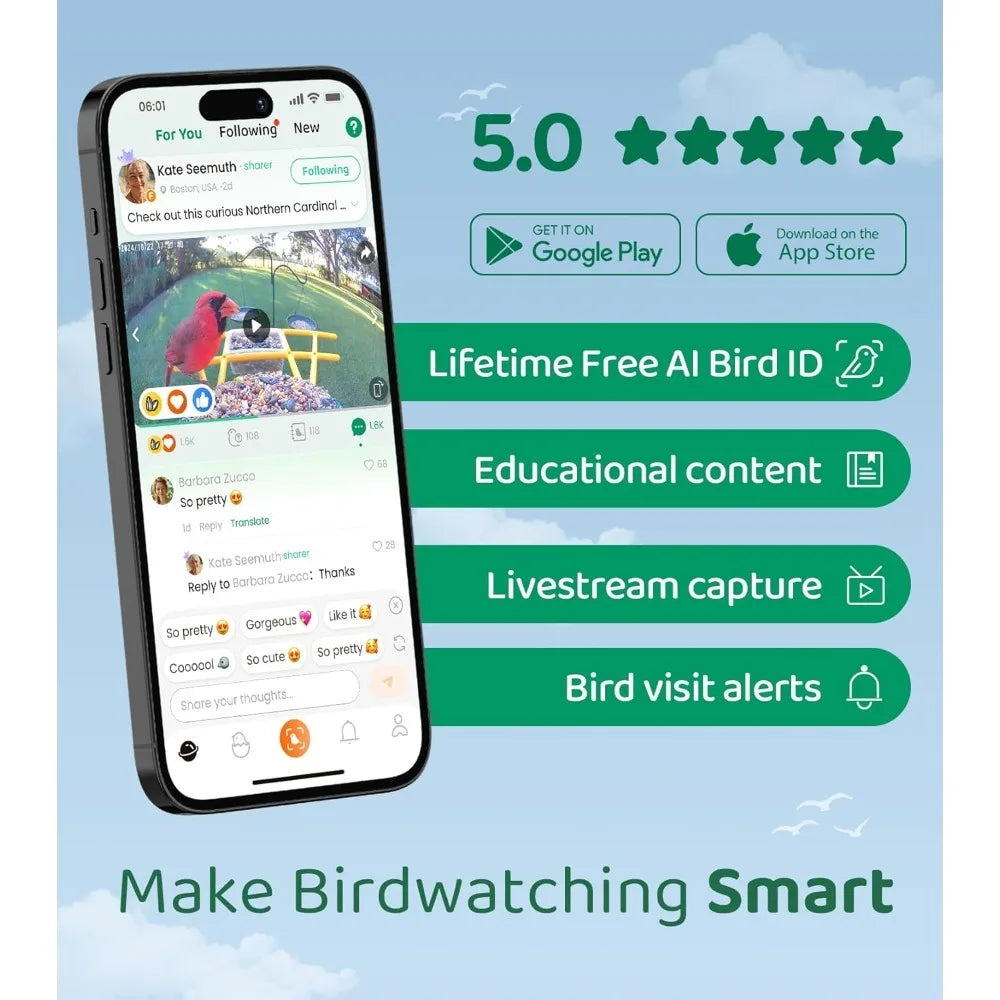 HOME Smart Bird Feeder with Camera – 2K HD Live Birdwatching, AI Bird Identification & Automatic Photo Capture