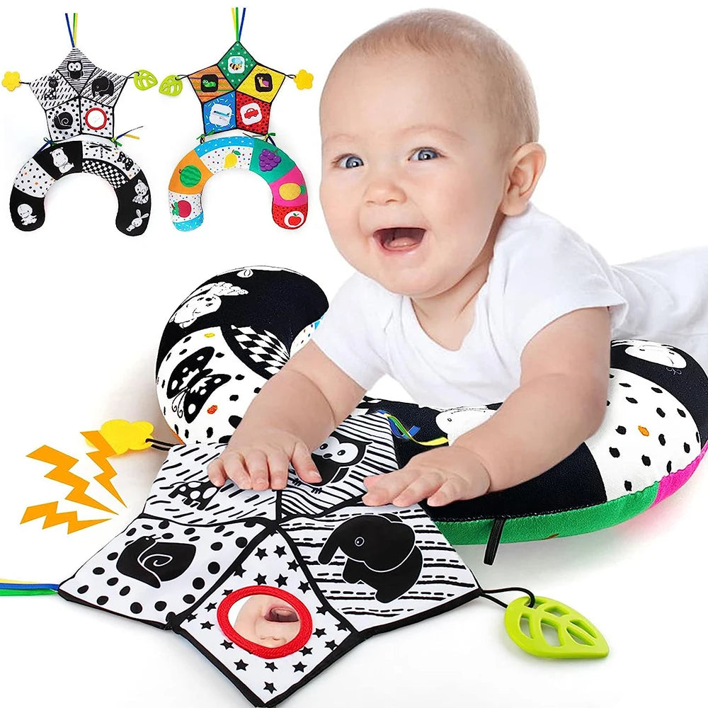Baby Tummy Time Pillow and High-Contrast Toys - Black and White Montessori Sensory Toys for Newborns and Infants Ages 0–18 Months