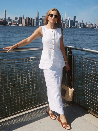 Bornladies Women’s Linen Vest & High Waist Skirt Set – Sleeveless Casual Office Outfit for Spring Summer Fashion Two-Piece Suit