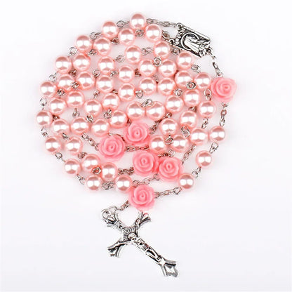6mm Pink Rosary Necklace – Rose Glass Beads Chain with Crucifix Cross INRI Pendant, Religious Prayer Jewelry for Men & Women
