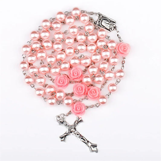 6mm Pink Rosary Necklace – Rose Glass Beads Chain with Crucifix Cross INRI Pendant, Religious Prayer Jewelry for Men & Women