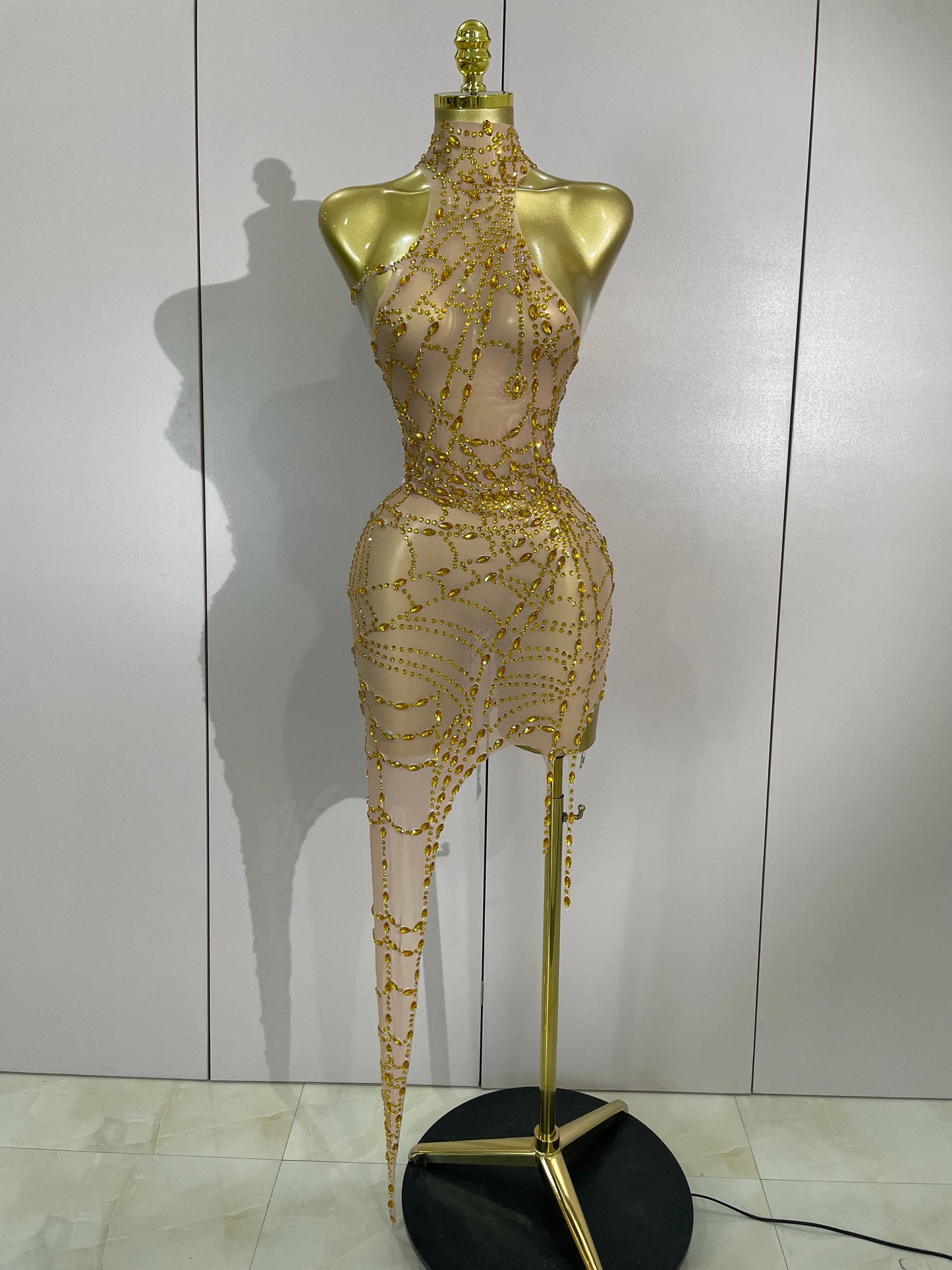 Sparkly Diamond Mesh Asymmetric Bodycon Mini Dress — Sexy Women Nightclub Party Gogo Dancer Stage Costume