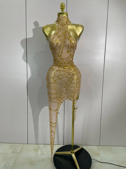 Sparkly Diamond Mesh Asymmetric Bodycon Mini Dress — Sexy Women Nightclub Party Gogo Dancer Stage Costume