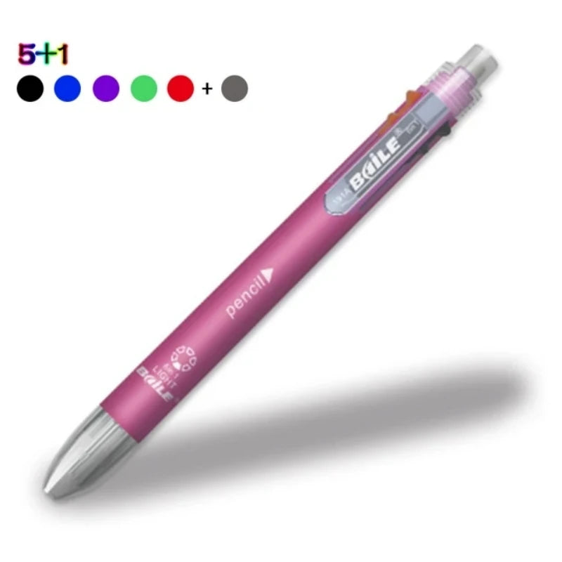 6 in 1 Multicolor Ballpoint Pen & Pencil – 5 Color Ball Pen + 1 Automatic Pencil with Eraser for School & Office Writing