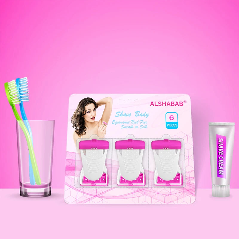 ALSHABAB 6PCS Disposable Razors for Women — Pink 1-Blade Manual Shaver for Body & Bikini Hair Removal