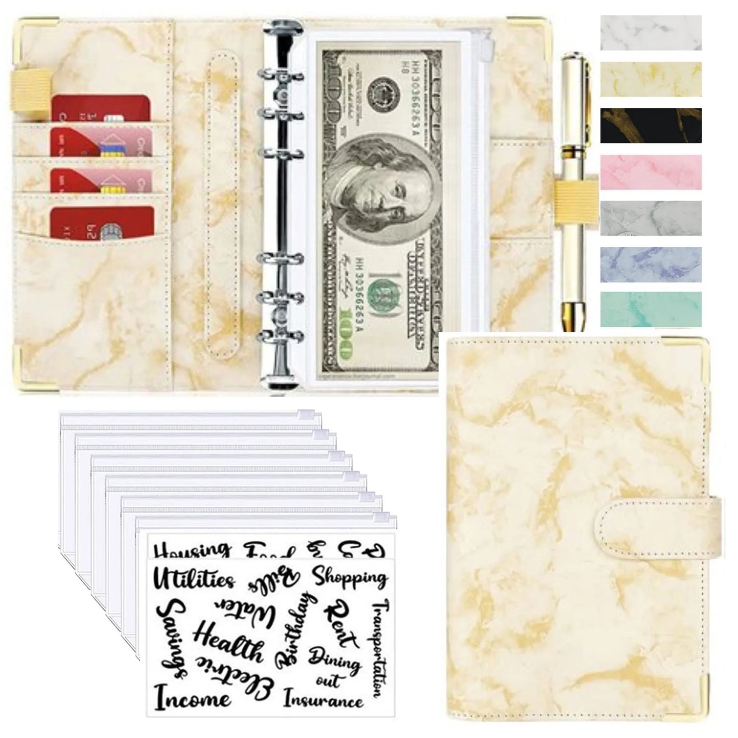 A6 Money Saving Organizer – PU Leather Budget Binder with Marble Notebook, 2023 Budget Planner, Envelope Office & School Supplies