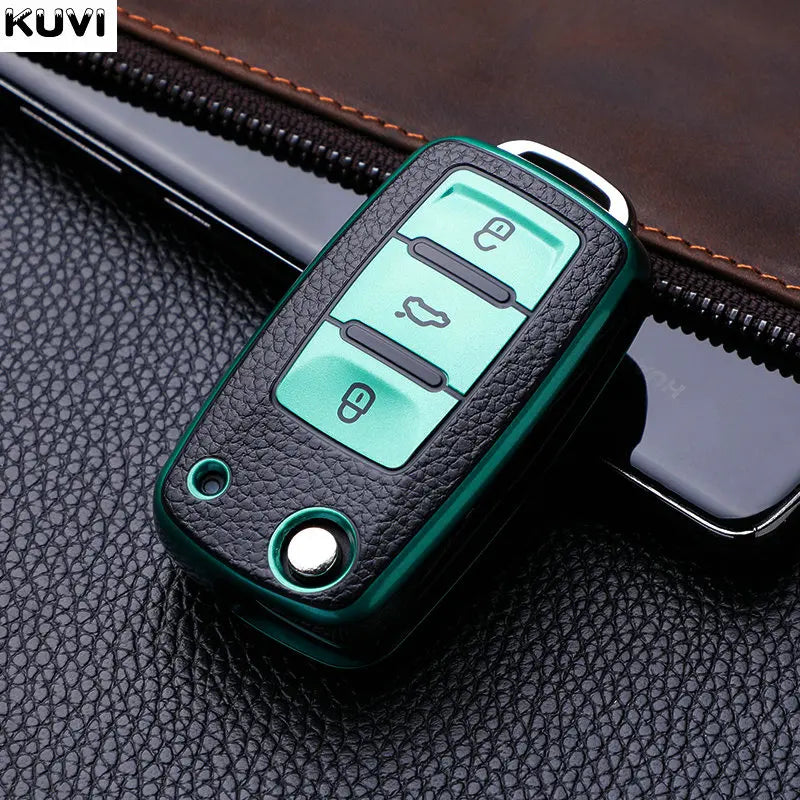 Leather TPU Car Key Case Cover for Volkswagen & Skoda – Fits Polo, Golf, Passat, Tiguan, Beetle, Caddy, T5, Up, Eos, Octavia, Seat Leon, Altea