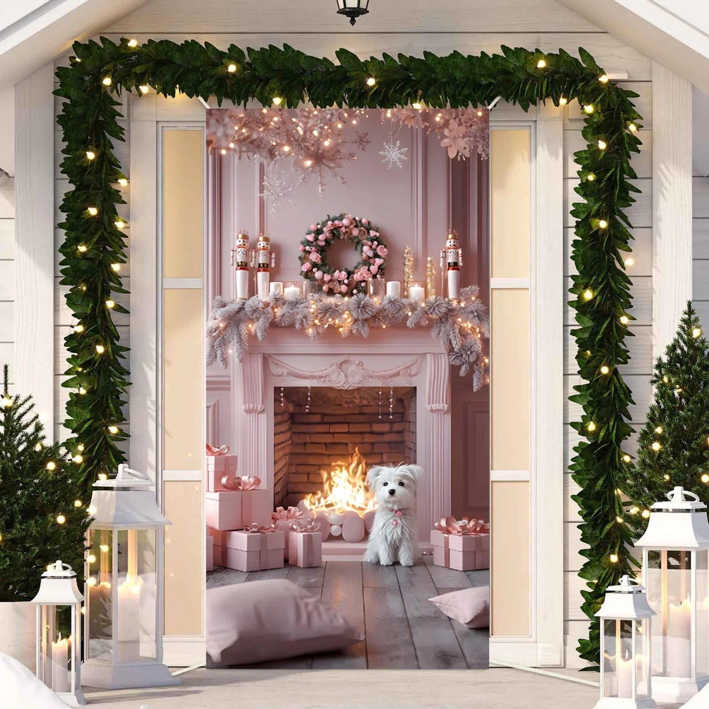 Cute Animals Christmas & New Year Door Cover – Dog, Cat, Snowman, Gingerbread Man Holiday Outdoor Winter Decoration Gift
