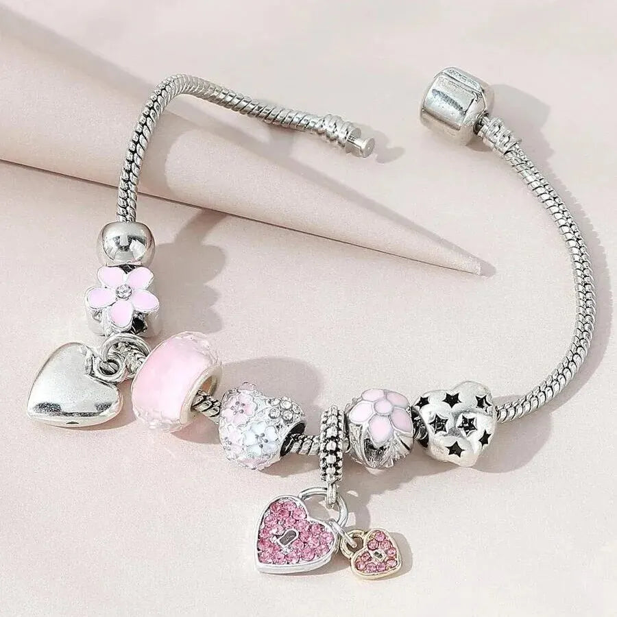 Obega Love Heart Flower Glass Pendant Charm Bracelet – Adjustable Pink & White Crystal Stone Bead Bracelet in Silver/Gold