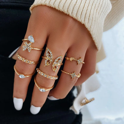 Bohemian Butterfly Pearl Rings Set – Vintage Gothic Plated Retro Rhinestone Finger Jewelry for Women, Gift Idea