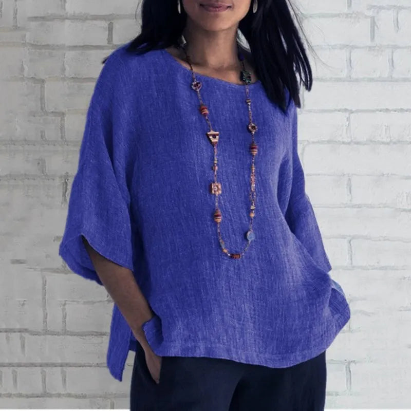 Women's Cotton Blouse Shirt - Loose 3/4 Sleeve O-Neck Casual Summer Streetwear Top