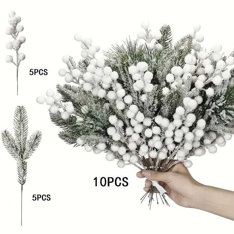 Snow White Artificial Pine Needle & Berry Bouquet – Christmas Decoration for Tree, Garland, Home Decor & DIY New Year Gift