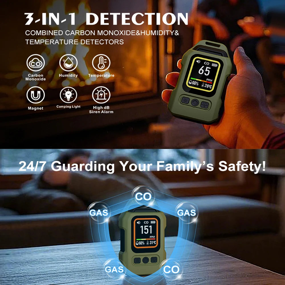 Yieryi 3-in-1 CO Gas Leak Detector - Portable Carbon Monoxide Alarm with Flashlight, Temperature & Humidity Meter for Indoor Use