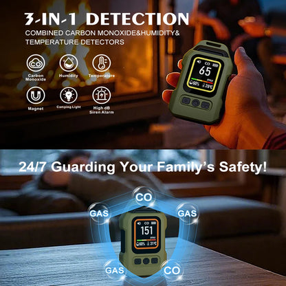 Yieryi 3-in-1 CO Gas Leak Detector - Portable Carbon Monoxide Alarm with Flashlight, Temperature & Humidity Meter for Indoor Use