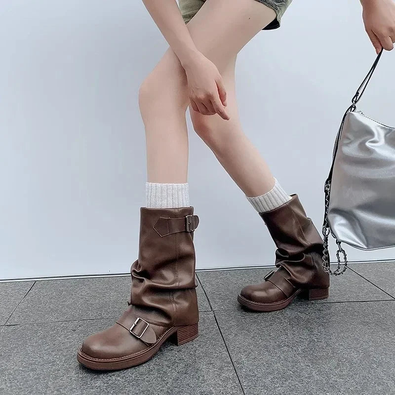 Pleated Buckle Knight Boots for Women – Autumn Brown PU Leather Mid-Calf Slip-On Riding Boots with Thick Heel 2024
