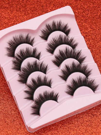 5 Pairs Cat Eye Faux Mink Eyelashes – Winged Long Natural Manga Style False Lashes Makeup Set