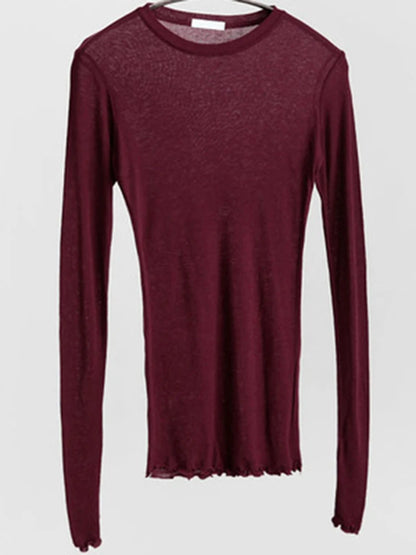 Women’s Long Sleeve Sheer Basic T-Shirt – Elastic Slim Fit Casual Thin Sexy Top Solid Color Everyday Wear