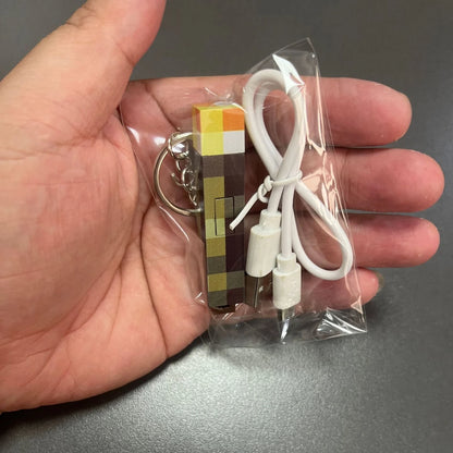 Glow-in-the-Dark Anime Gamer Keychain – Classic Torch Design with Pixelated Wooden Texture Plastic Pendant