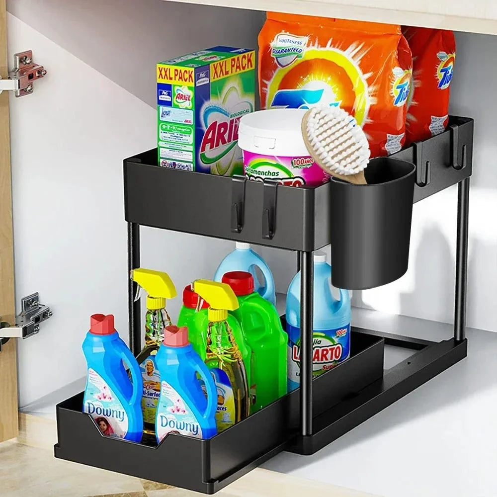 2-Tier Under Sink Organizer - Sliding Cabinet Basket with Hooks, Hanging Cup for Bathroom and Kitchen Storage