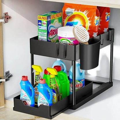 2-Tier Under Sink Organizer - Sliding Cabinet Basket with Hooks, Hanging Cup for Bathroom and Kitchen Storage