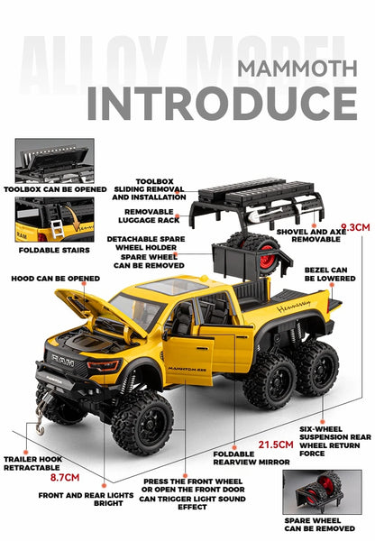 1:24 Dodge Mammoth RAM 1000 TRX 6x6 Diecast Model – Metal Alloy Pickup Toy Car with Lights for Kids & Collectors