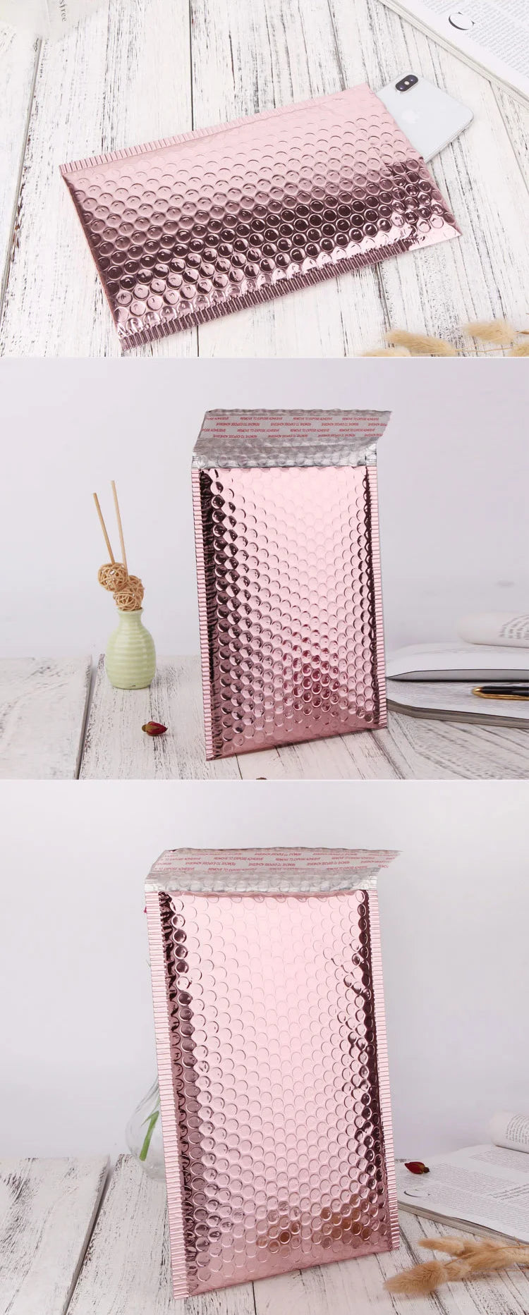 10PCS Rose Gold Metallic Bubble Mailers – Foil Padded Shipping Envelopes, Aluminized Gift Packaging Postal Bags