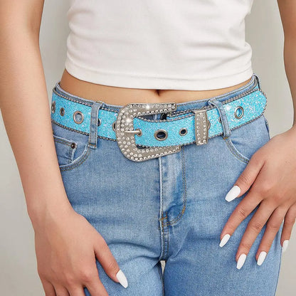 Skull Rivet Rhinestone PU Leather Belt – Trendy Solid Color Cowgirl & Cowboy Belt for Women & Girls