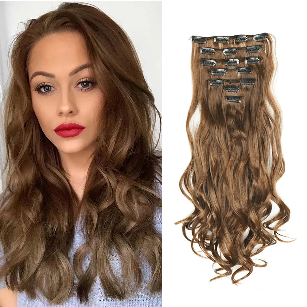 Clip-In Hair Extensions, 7-Piece Full Head 22-Inch Long Curly Wavy Synthetic Hair Extensions for Women and Girls