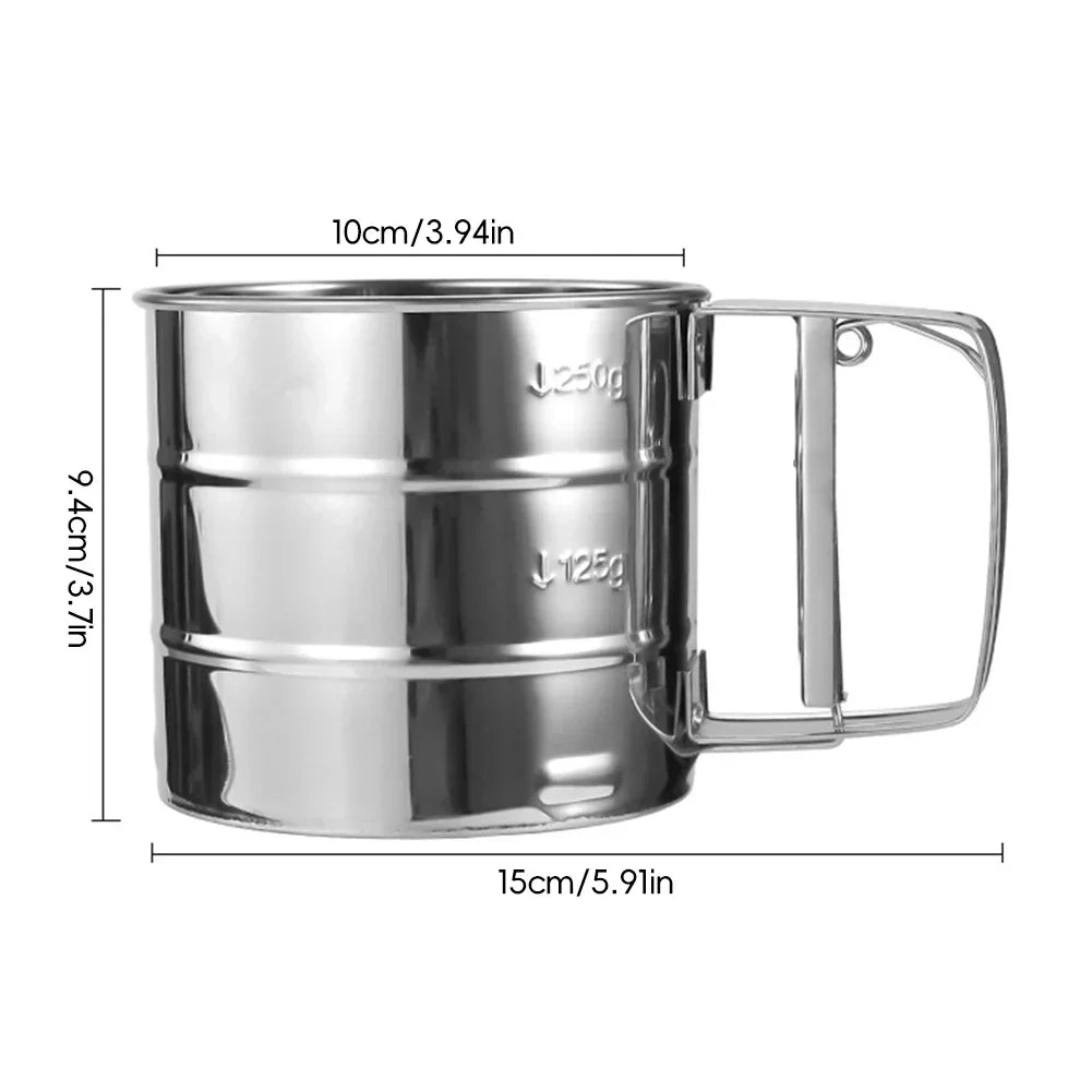 Stainless Steel Flour Sifter with Hand Press – Fine Mesh Baking Sieve for Powdered Sugar & Flour