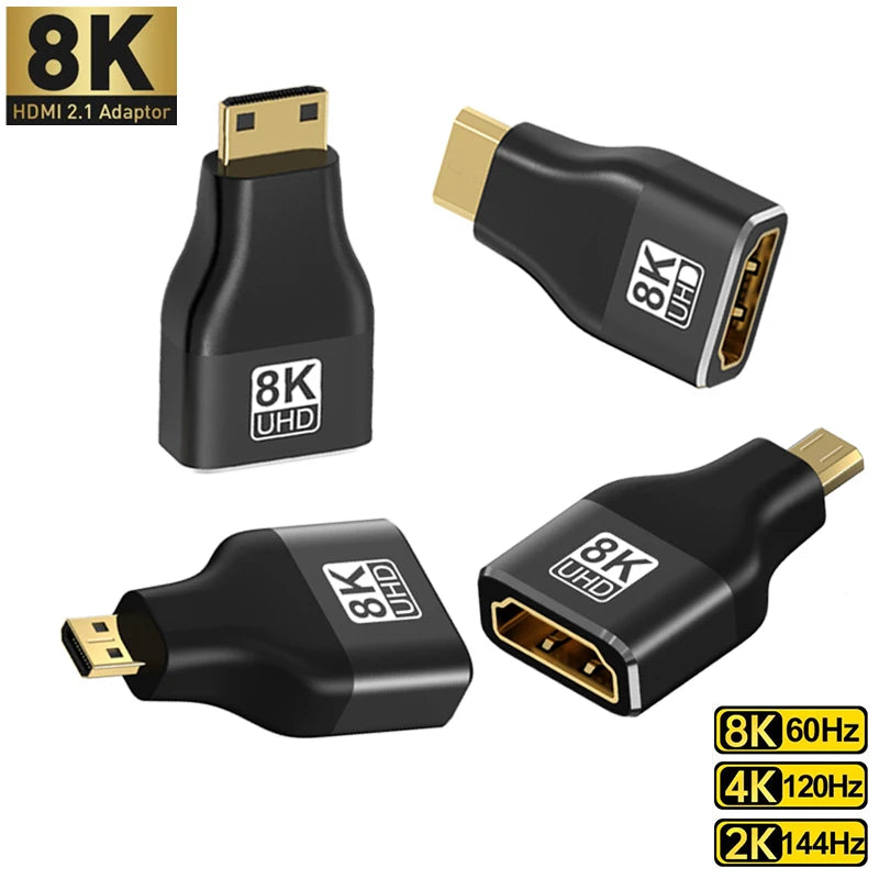 HDMI-Compatible Adapter – Mini/Micro HDMI to HDMI, 8K 60Hz, 4K 120Hz/144Hz Male to Female Converter for HDTV, Laptop, PS5