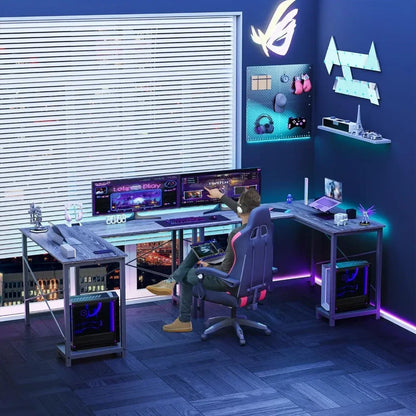 L-Shaped Computer Desk – Wooden Corner Gaming Table with Side Storage Bag for Home Office, Small Spaces, White