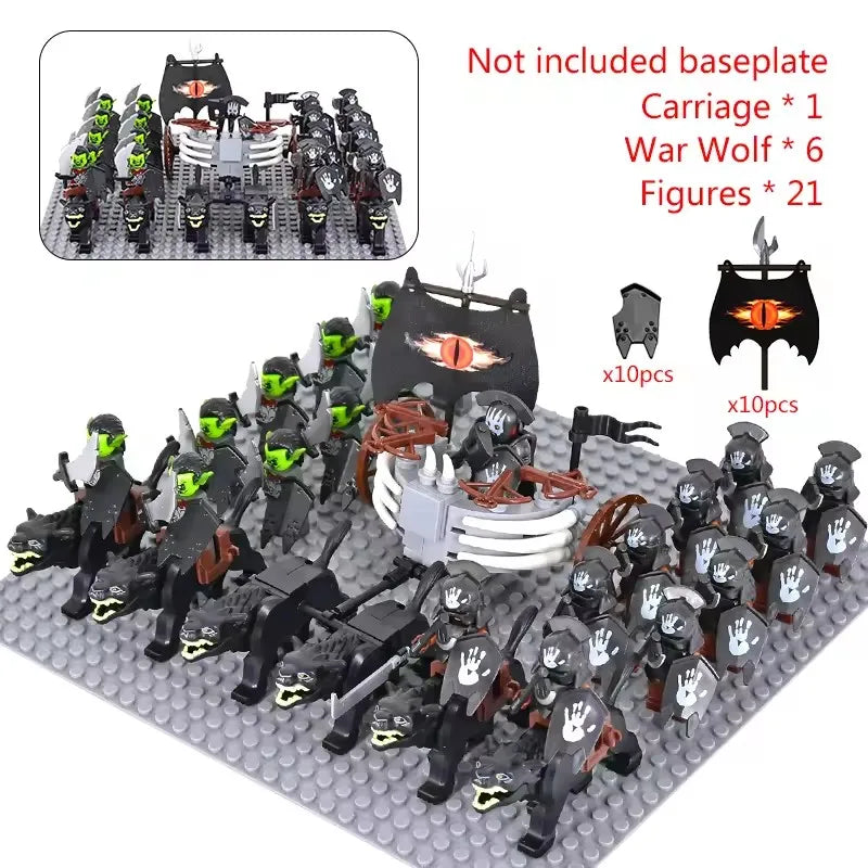 MOC Medieval LOTR Figures — Black Wolves & Mounted Chariots Action Dolls, Assembled Brick Building Blocks Toy