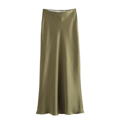 TRAF Women’s 2024 Satin Skirt — High Waist Black Midi Summer Skirt, Elegant Office Long Skirt for Women
