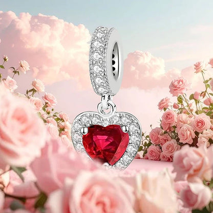 925 Sterling Silver Pink Heart Charm - Zircon Love Pendant Bead for DIY Bracelets, Bangles & Women’s Jewelry