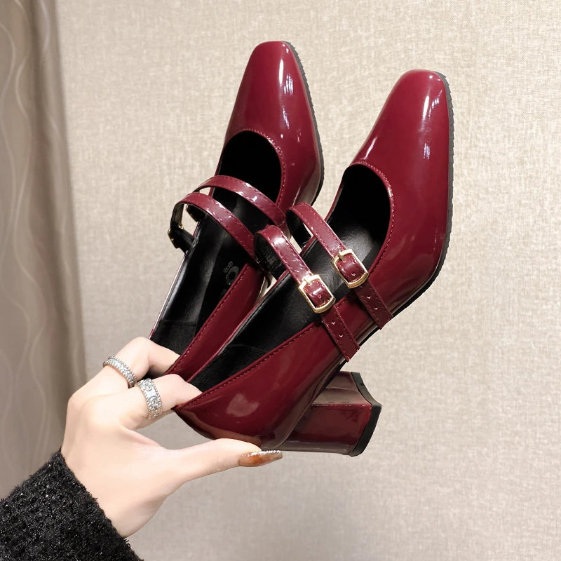 Elegant Women’s Mary Jane Chunky Heels – Square Toe Patent Leather Pumps with Double Ankle Strap