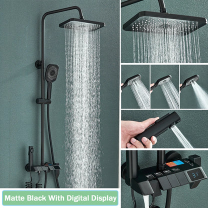 Rozin Black Smart Digital Display Shower Faucet Set - Piano Style Rainfall Bathroom System with Grey Digital Mixer Tap & Bidet Shower