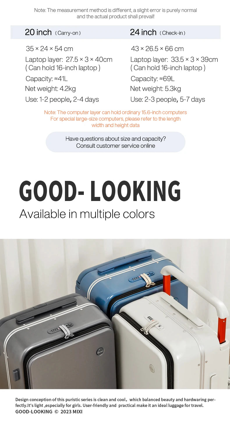 Mixi 20" Wide Handle Carry-On Suitcase — New Design Travel Trolley with Aluminum Frame, Unisex PC Luggage M9275