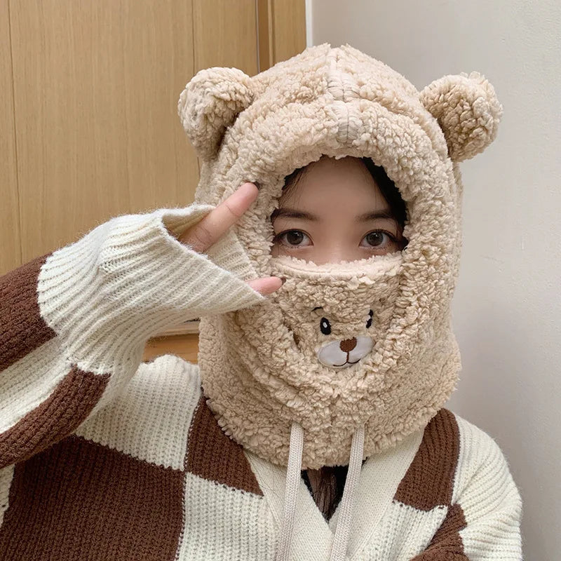 Winter Cartoon Bear Lamb Hat with Mask – Thickened Warm Beanie with Ear Protection for Women & Girls