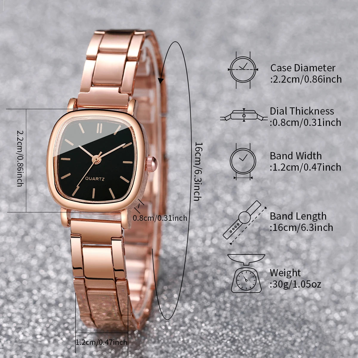 2PCS Women's Watch Set – Fashion Square Stainless Steel Band Quartz Watches with Heart Bracelet