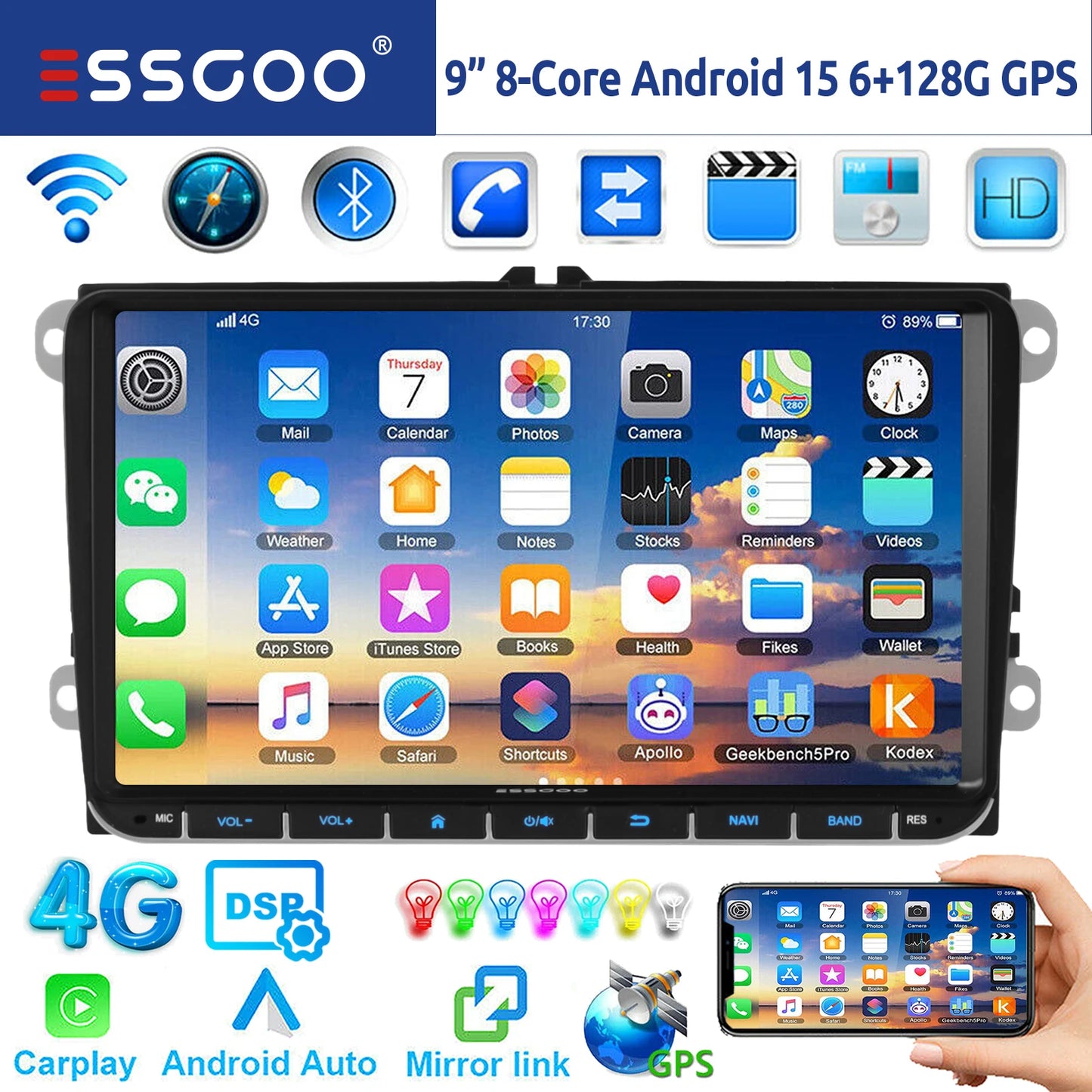 9" Android 15 Car Stereo - 6GB+128GB Wireless CarPlay GPS WiFi Bluetooth FM for VW