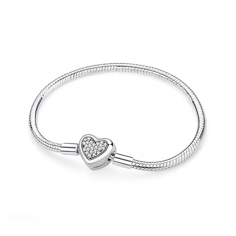 925 Sterling Silver Love Heart Charm Bracelet – Rose Gold Snake Chain Bangle for Women | DIY Luxury Bead Jewelry Accessories