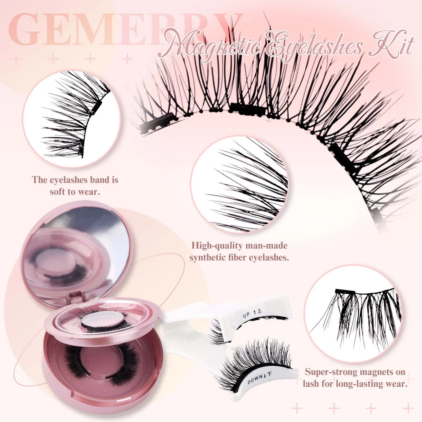 GEMERRY Magnetic Eyelashes Set with Applicator – Natural Look Reusable No Glue Soft Strip False Lashes Makeup Kit