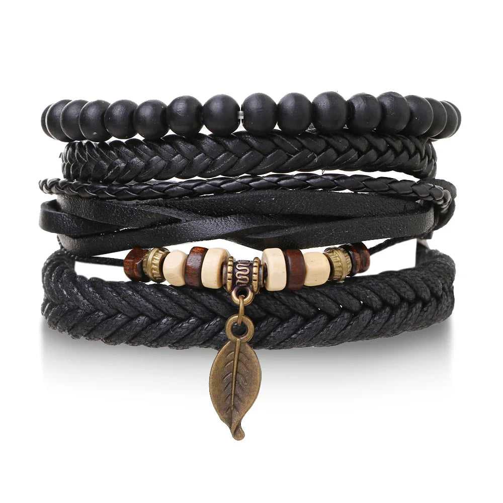 4Pcs Men's Braided Leather Bracelets Set – Vintage Life Tree & Rudder Charms, Wood Beads, Ethnic Tribal Wristbands