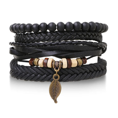 4Pcs Men's Braided Leather Bracelets Set – Vintage Life Tree & Rudder Charms, Wood Beads, Ethnic Tribal Wristbands