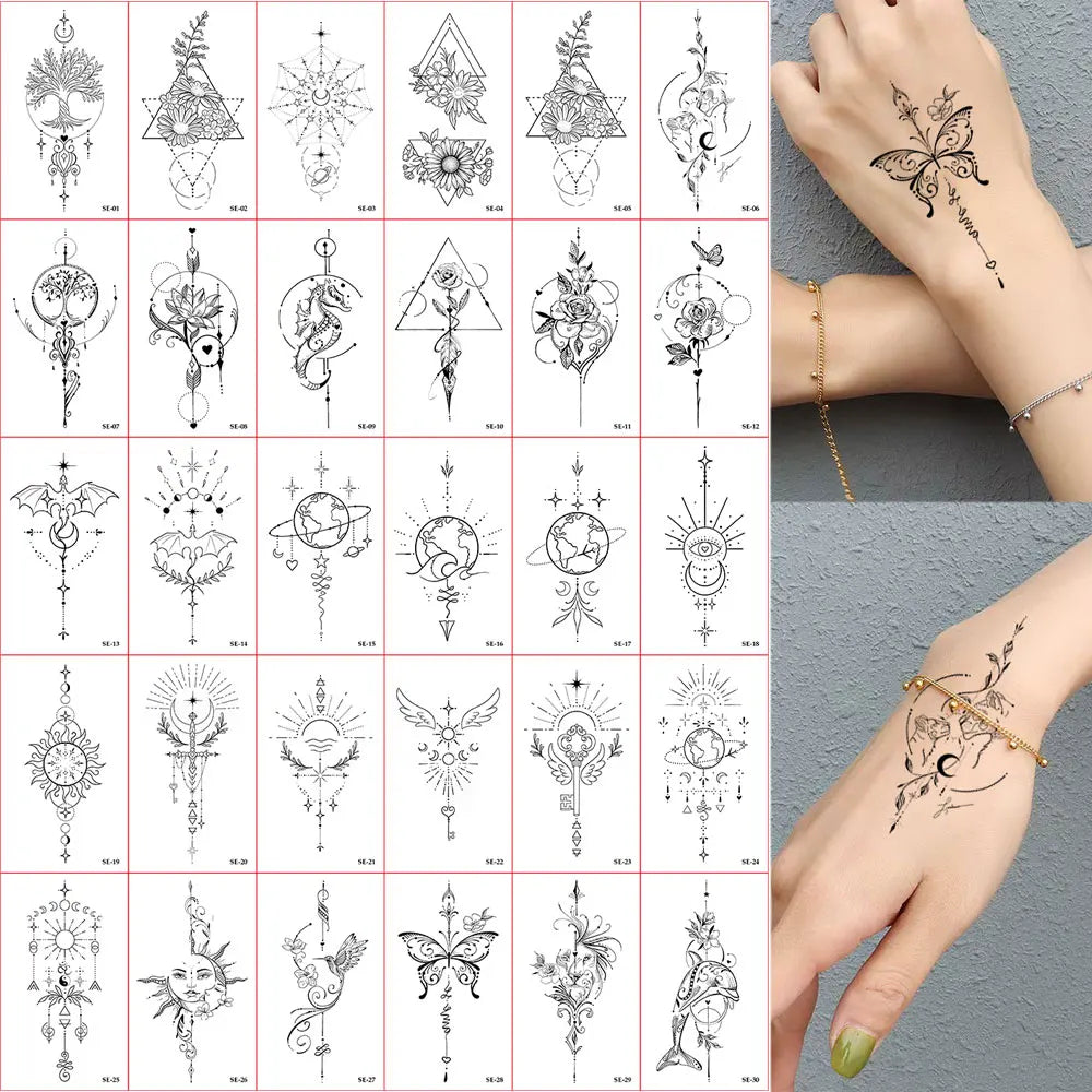 30pcs Black Temporary Tattoo Stickers - Flower Butterfly Rose Moon Star Mandala Designs for Hand, Chest & Body Art